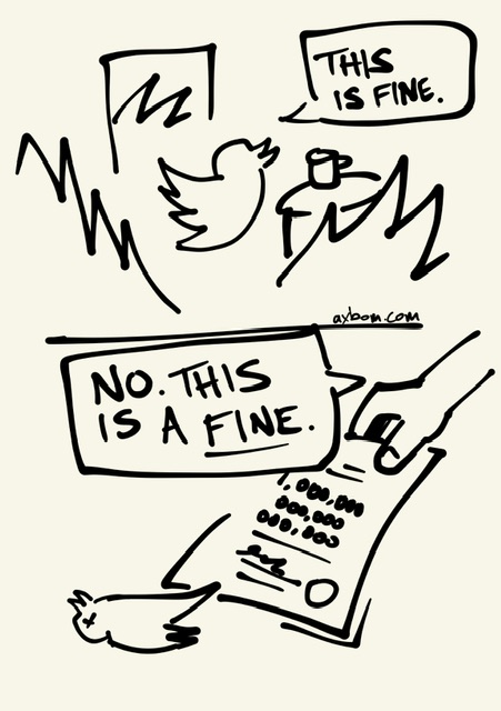 Two-panel cartoon.
Top panel: Bird that looks like the Twitter logo hovering among big flames of fire, saying