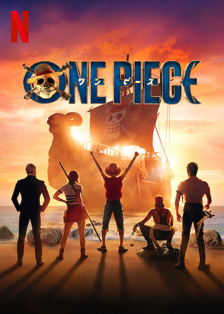 Poster for the Netflix show One Piece. Five people are standing close to water’s edge with their backs to the viewer and overlooking a big pirate ship in the sea that is lit up by a lo standing sun behind it. The character in the middle has both their arms victoriously raised, and is wearing a straw hat. The Jolly Roger (pirate flag) is a smiling skull with a straw hat. The figurehead of the ship is a smiling sheep’s head.