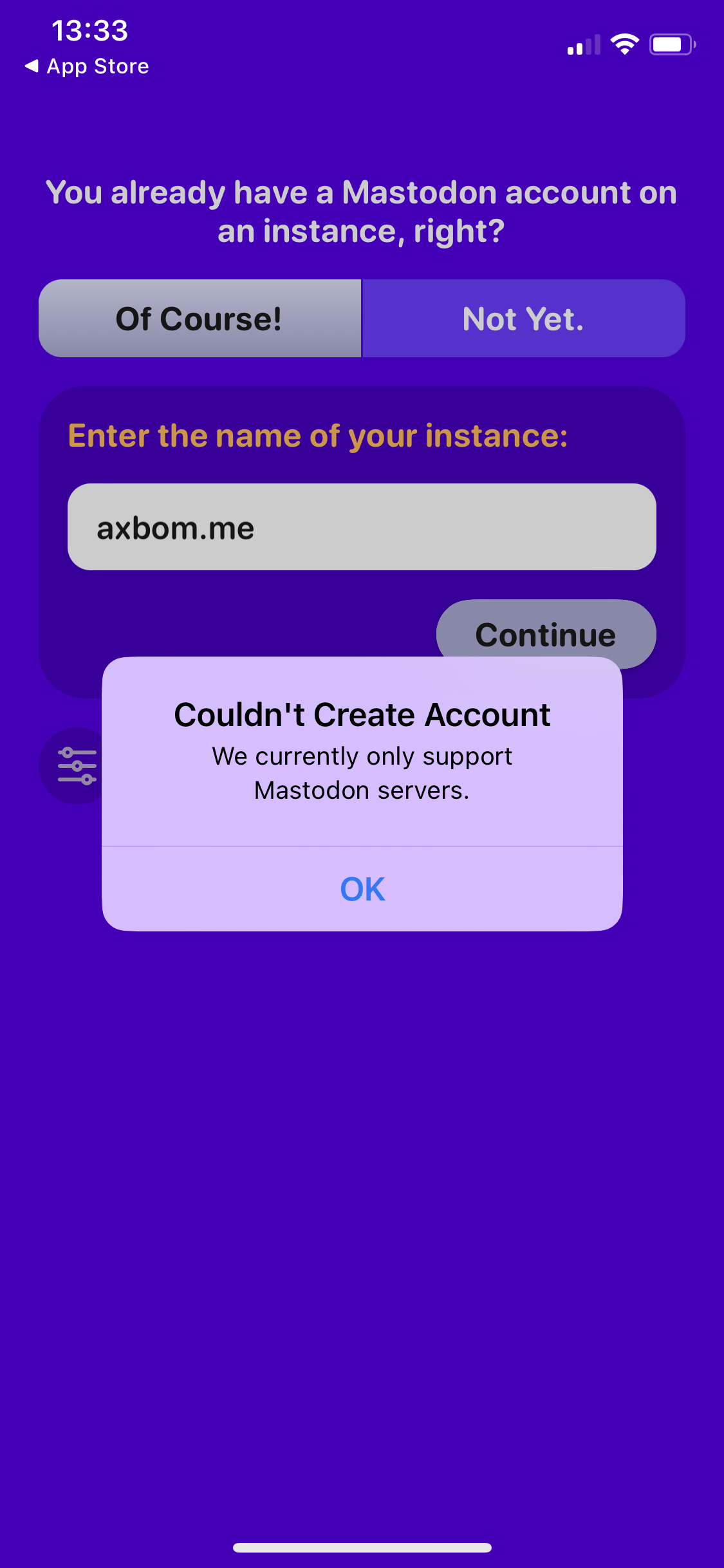 Screenshot from Ivory app showing an error message. The message says